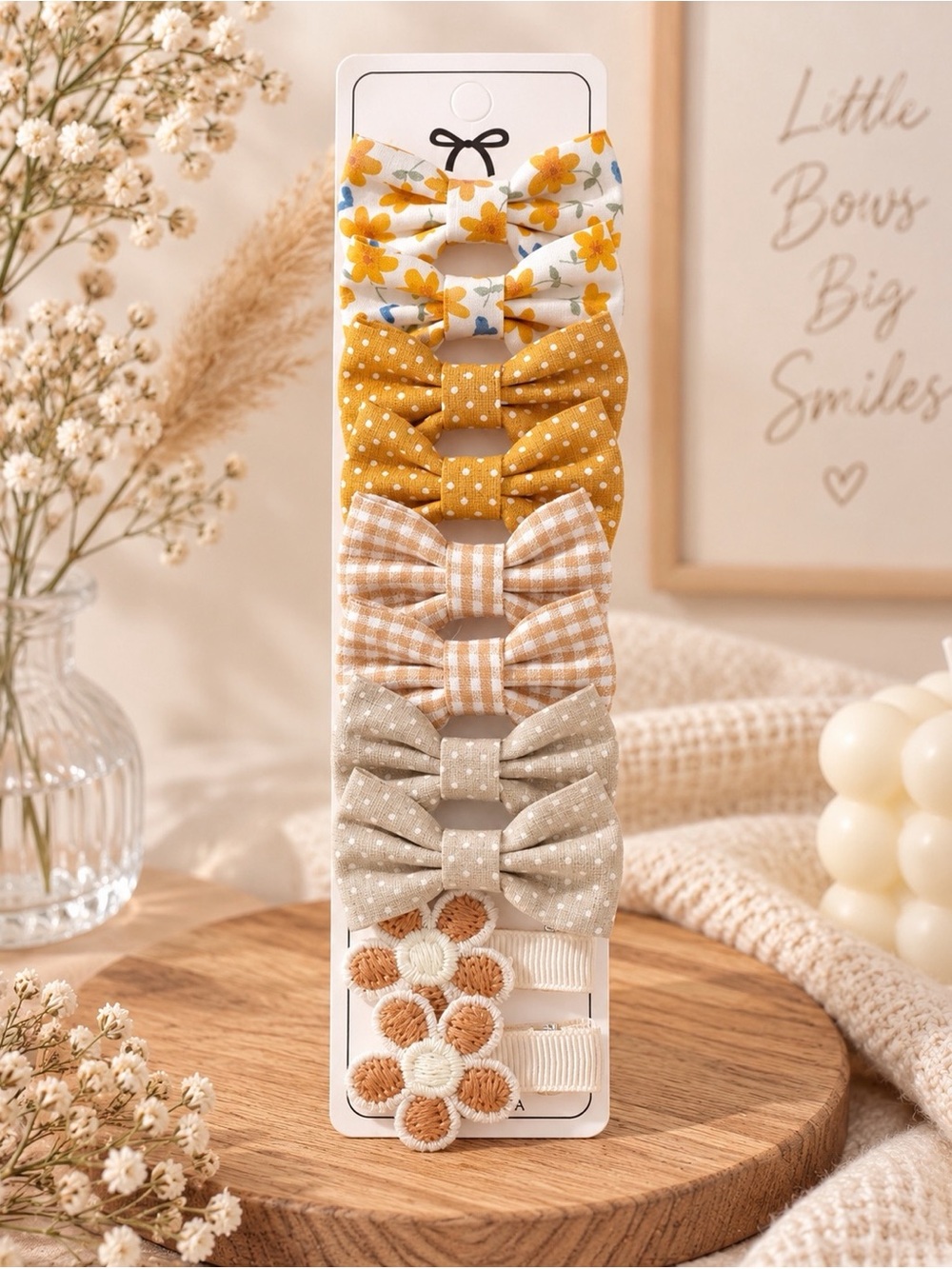 Neutral & Mustard Kids Bow Hair Clip Set - 6 Pieces
